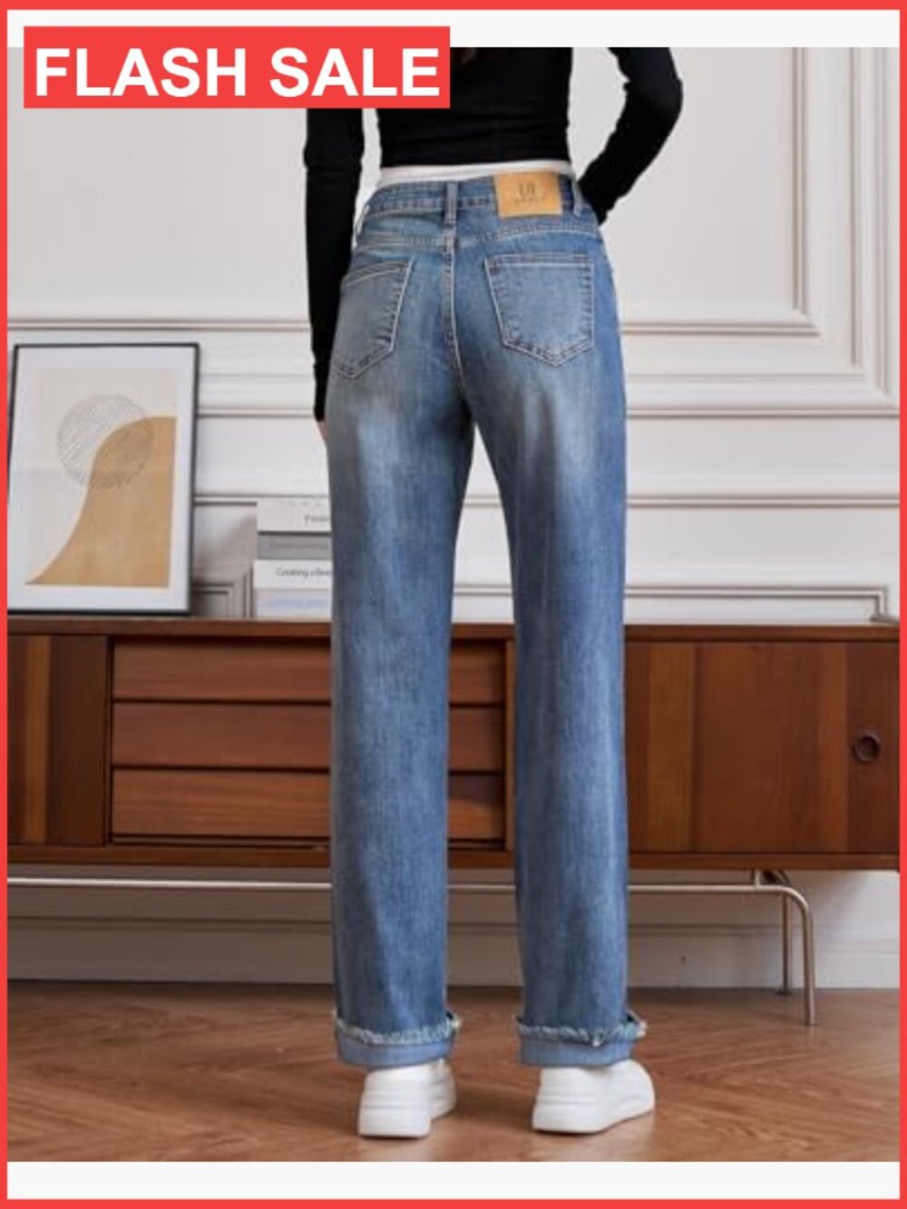 High Waisted Straight Leg Jeans Raw Hem Tummy Control Stretchy Denim - Picture 4 of 7